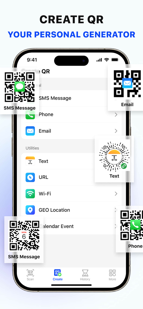 QR Scanner & AI Card - Pantalla de smartphone que muestra opciones para crear códigos QR personalizados para SMS, correo electrónico y wifi.