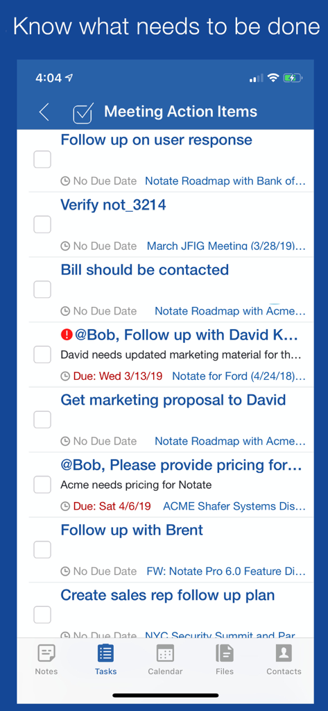 Notate for Microsoft 365 - Task list interface in Notate for Microsoft 365 showing meeting action items and deadlines.