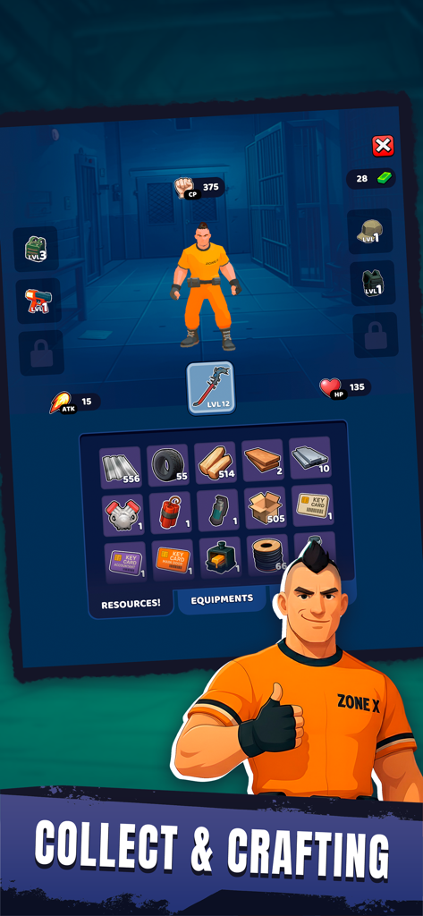 Zone X: Wasteland Survival - Interfaz del juego Zone X Wasteland Survival mostrando el menú de recolección de recursos y crafteo de equipo con un personaje con mono naranja.