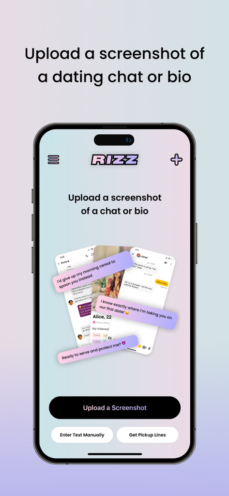 Interface of the RIZZ app showing the option to upload a screenshot of a dating chat or bio to get AI-generated responses.