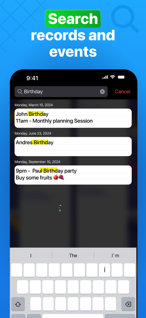 Search records and events screen in the Weekly Planner app showing results for birthdays