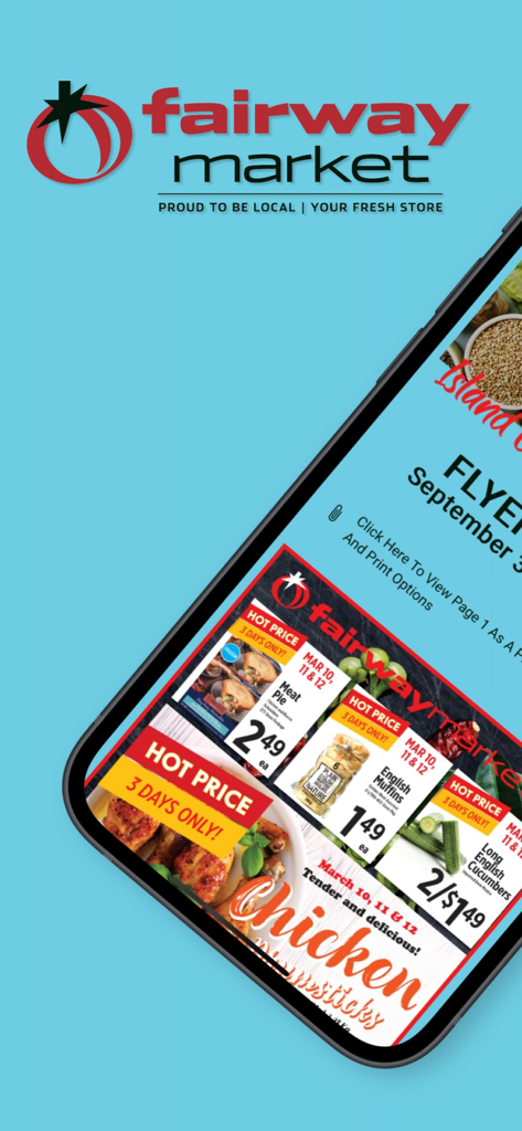 Smartphone exibindo o folheto semanal da Fairway Market com itens de supermercado com desconto