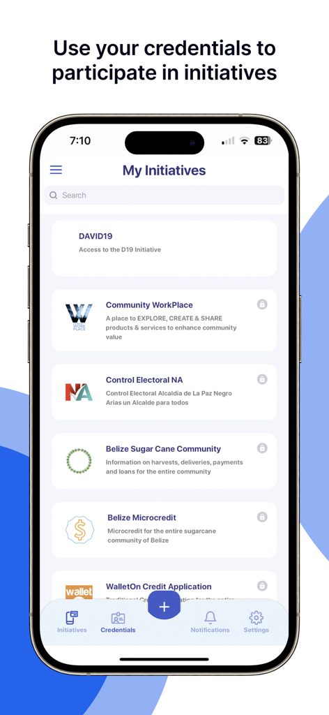 REM ID CREDENTIAL - The My Initiatives screen of the REM ID CREDENTIAL app on an iPhone showing a list of community and professional programs.