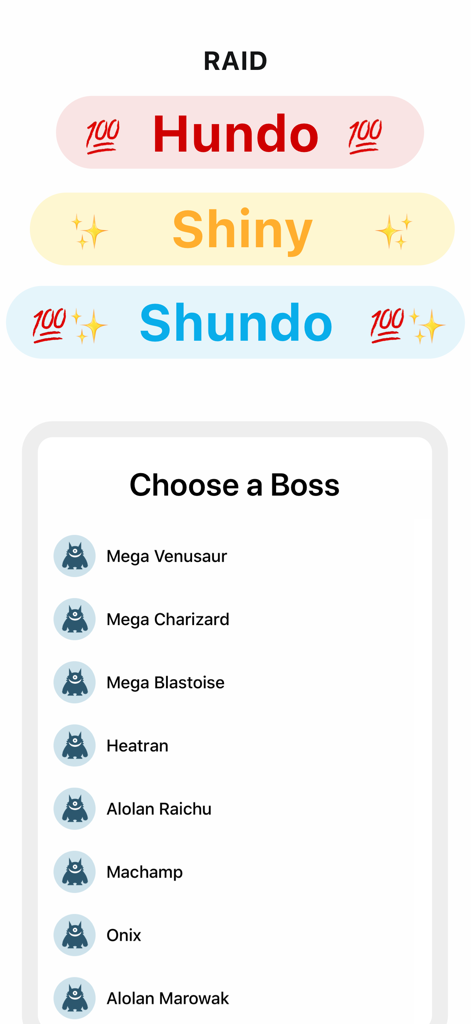 GO Raid Party app screen showing raid boss selection and hunting options for Hundo and Shiny Pokemon