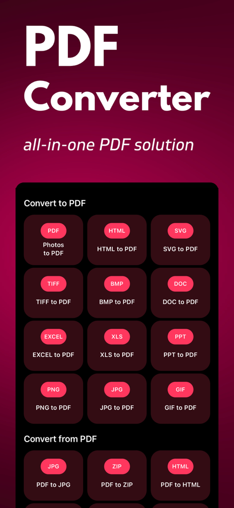 PDF Converter: JPG to PDF - Interface mostrando opções para converter entre PDF e vários formatos de arquivo como JPG e Word