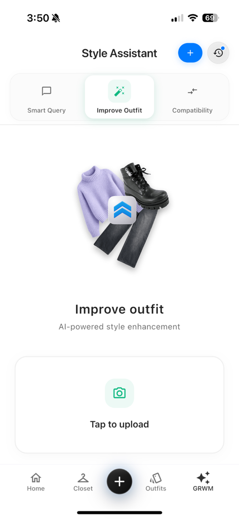 Style Assistant screen in the GRWM Outfits app showing the AI powered outfit improvement feature.