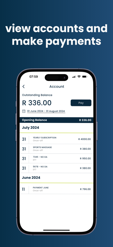Itensity - Pantalla de cuenta de la aplicación Itensity que muestra el saldo pendiente y el historial de pagos