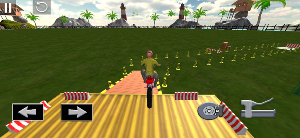 Stunt Bike Parking Game 3d - A 3D motorcycle stunt bike on a ramp facing a tropical obstacle course