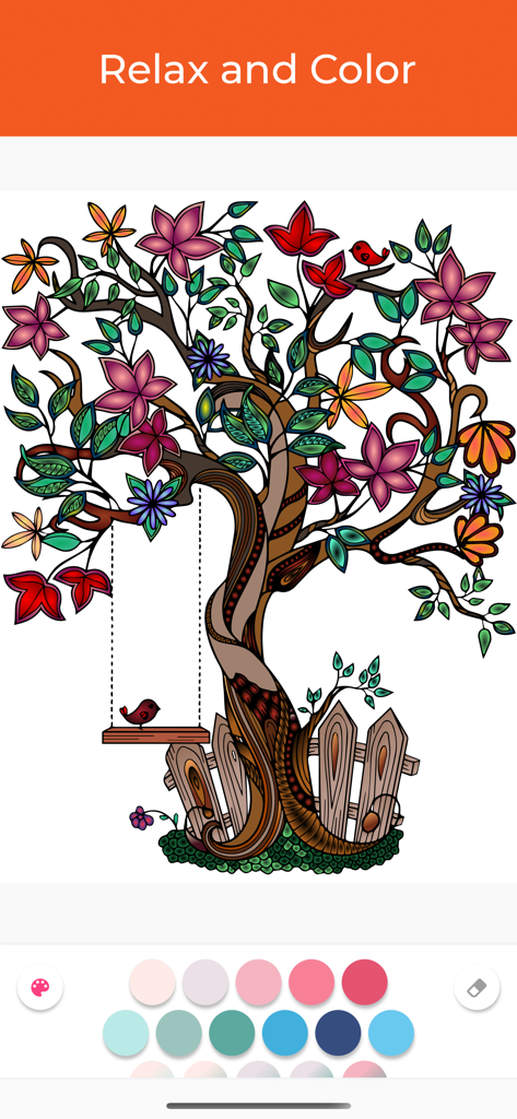Coloring Book Pro Adult Relax - An intricate tree coloring page with various color palettes in the Coloring Book Pro app