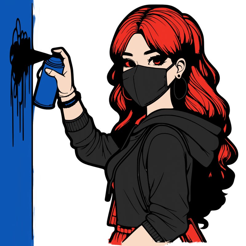 realistic girl with mask spray painting a wall