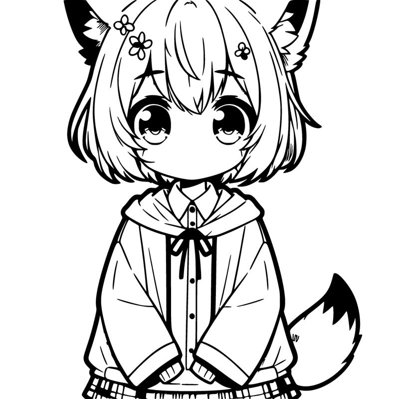 shy anime girl with ears and a tail, sporting a softie style outfit