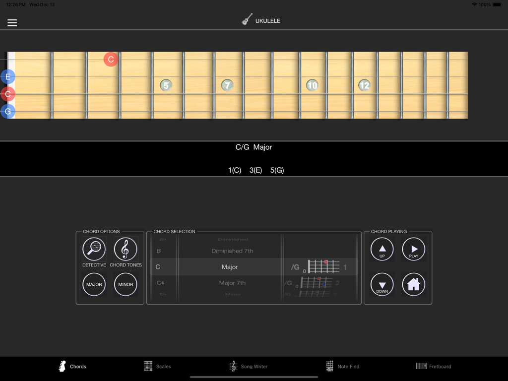 StringMaster Uke - StringMaster Uke app interface showing a C Major chord on a virtual fretboard