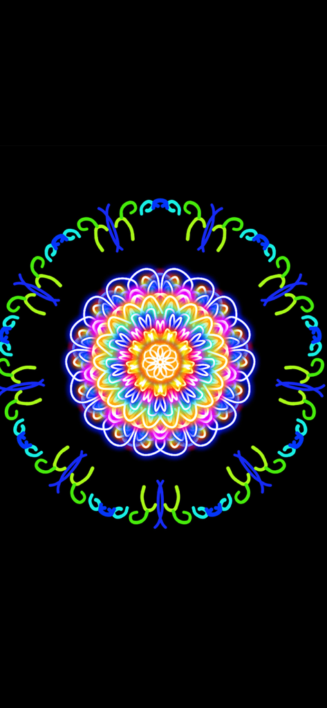 Kaleidoscope Drawing Pad - Un dibujo vibrante de caleidoscopio de neón con patrones simétricos de arcoíris sobre un fondo negro