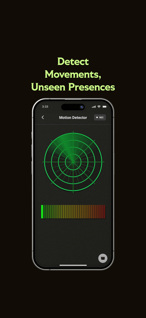 GHOST - An iPhone screen displaying a green radar-style motion detector tool for ghost hunting within the GHOST app.