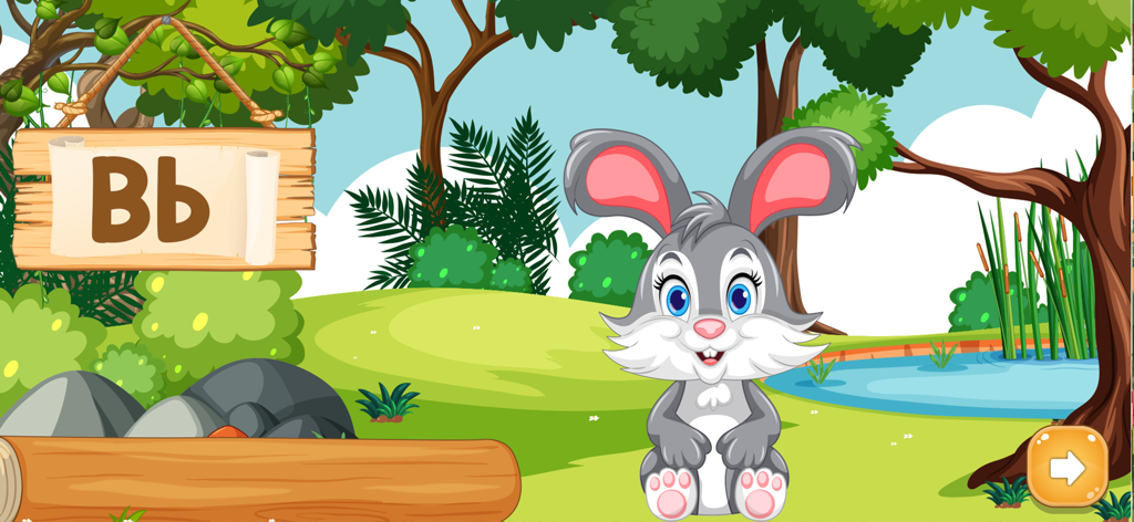 ABC : Alphabet Jungle Animals - Cartoon bunny standing next to a wooden sign showing the letter B in a jungle