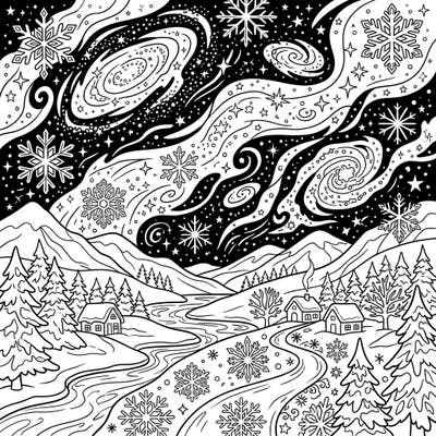 Dive into a breathtaking blend of cosmic wonder and winter charm with this unique coloring page. Imagine swirling dwarf galaxies amidst a serene snowy landscape, perfect for a relaxing artistic escape.