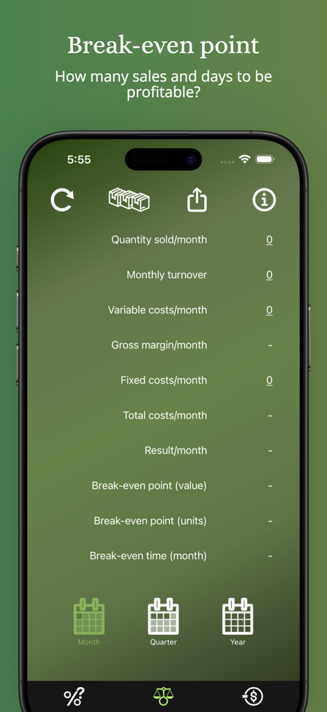 ProCalc.app: Margin, BreakEven - Break-even point calculator interface showing financial fields for monthly business performance