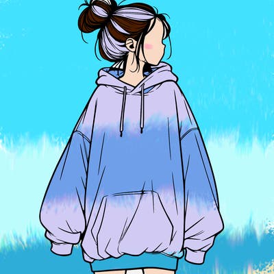 realistic girl with a oversized sweatshirt on and a bun
