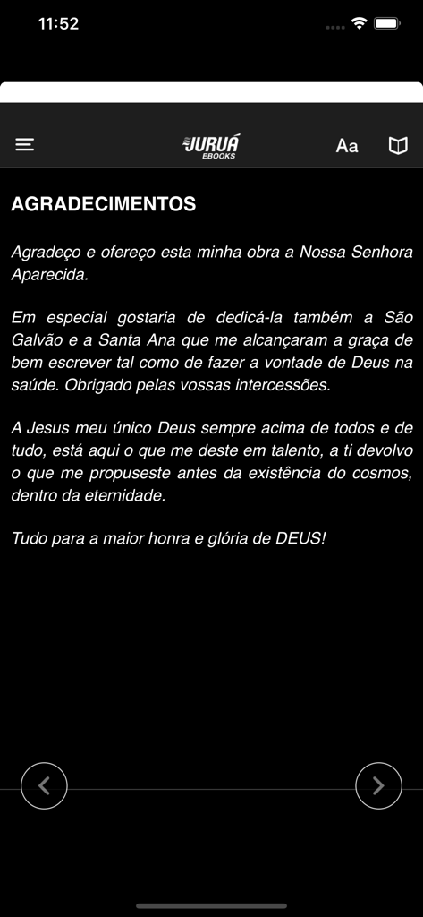 Juruá eBooks - A screen from the Jurua eBooks app showing an acknowledgments page in dark mode with text adjustment options.