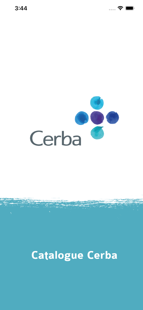 Écran de démarrage de l'application Catalogue Cerba avec logo et titre sur fond bleu sarcelle et blanc.
