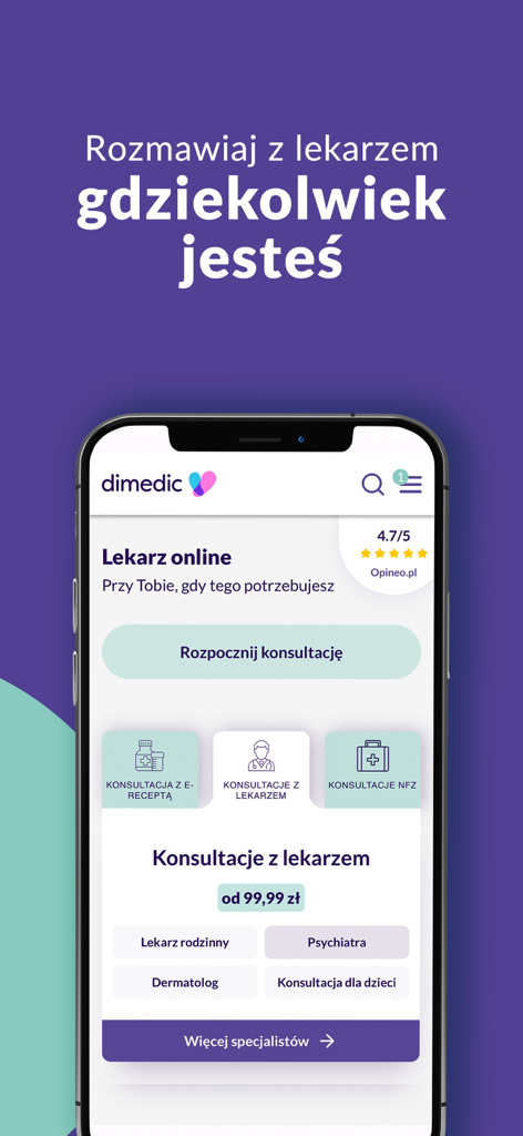 Dimedic - recepta na zdrowie - Schermata principale dell'app mobile Dimedic che mostra opzioni di consultazione medica online e specialità mediche
