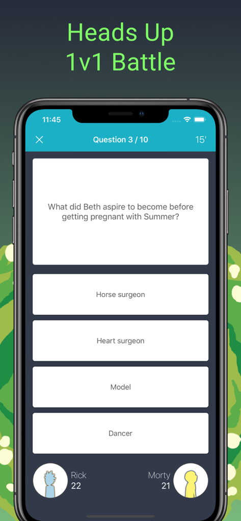 Heads Up 1v1 battle screen in the Rick and Morty fan quiz app showing a multiple choice trivia question