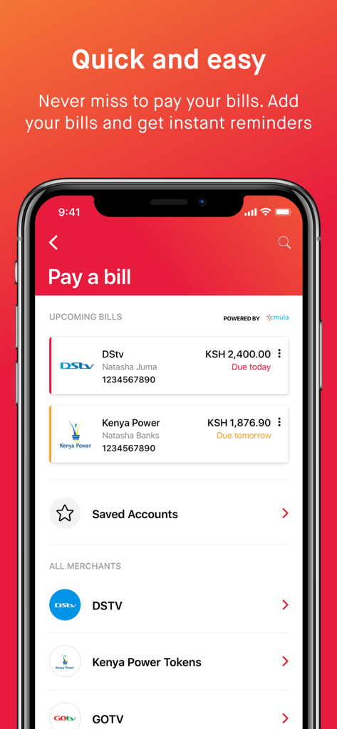 DTB 24/7 - Interface de l'application DTB 24/7 affichant les factures à venir et les options de paiement pour des services tels que DStv et Kenya Power.