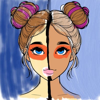 realistic girl with two buns on top of her head