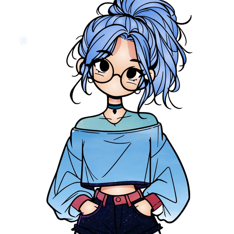 girl with a messy ponytail glasses a baggy crop top and jean shorts