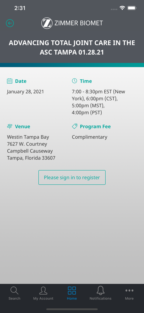 zbinetwork - Zimmer Biomet Institute app screen showing details for a medical education course on total joint care