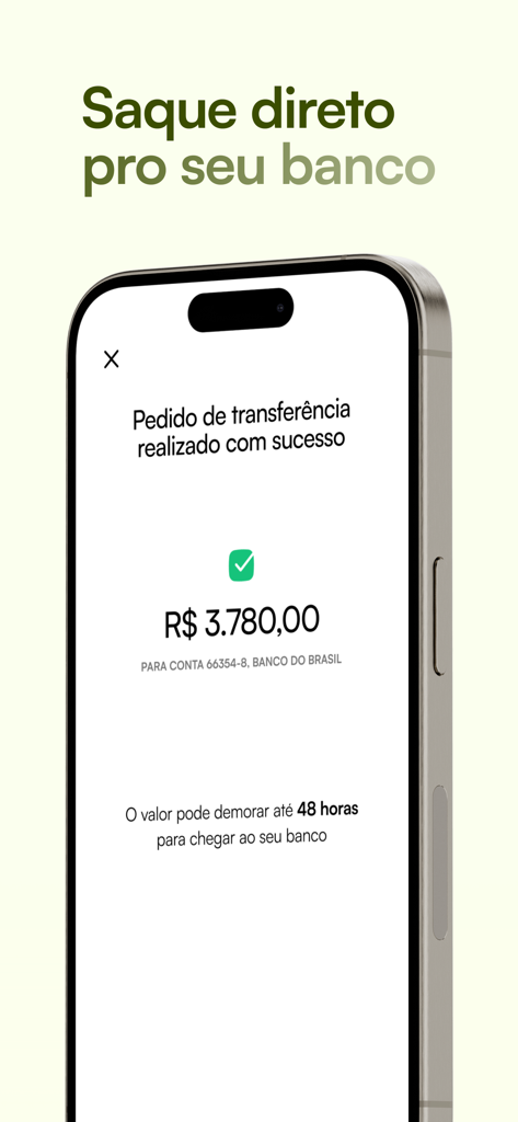 Tela do celular mostrando uma notificação de saque de ganhos bem-sucedido para uma conta bancária no aplicativo Hubla.