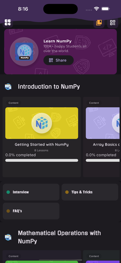 Learn NumPy - Pantalla de inicio de la aplicación móvil Learn NumPy que muestra módulos de cursos para lecciones introductorias y preparación de entrevistas.