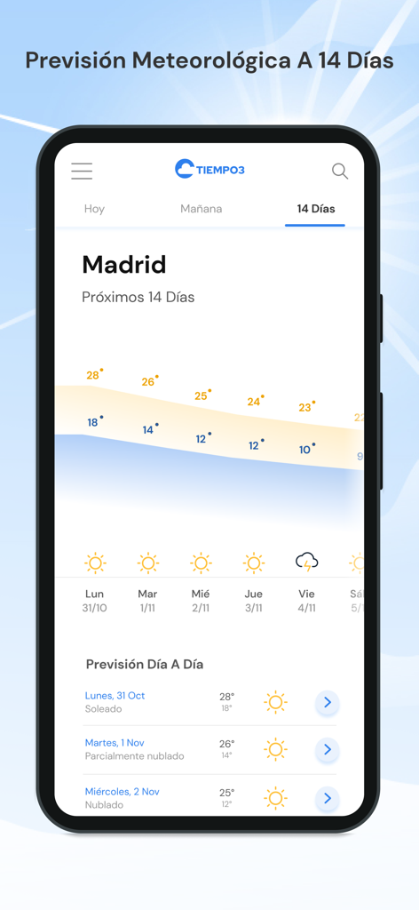 Tiempo3 - Clima y Pronóstico - 14 day weather forecast screen in Spanish showing a temperature graph and daily details for Madrid