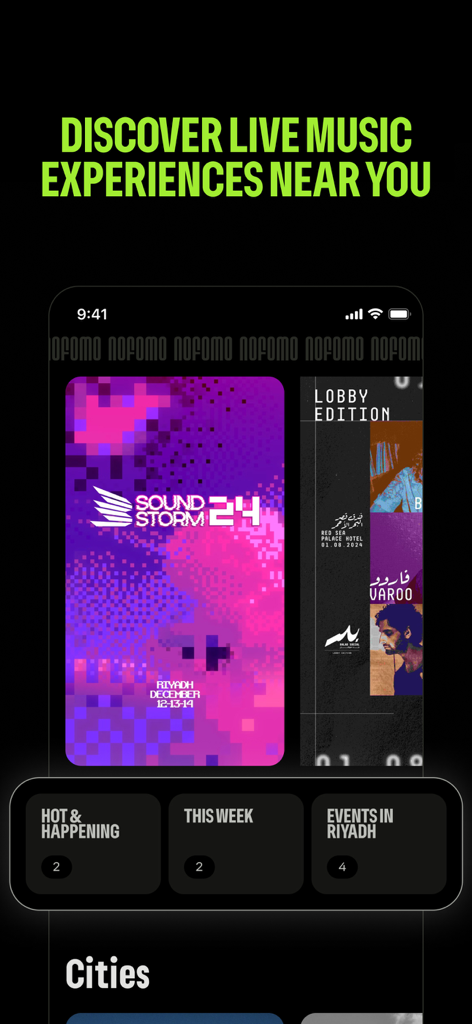 NOFOMO: Saudi Music Events - Mobile app interface of NOFOMO displaying music festival discovery and event categories in Saudi Arabia.
