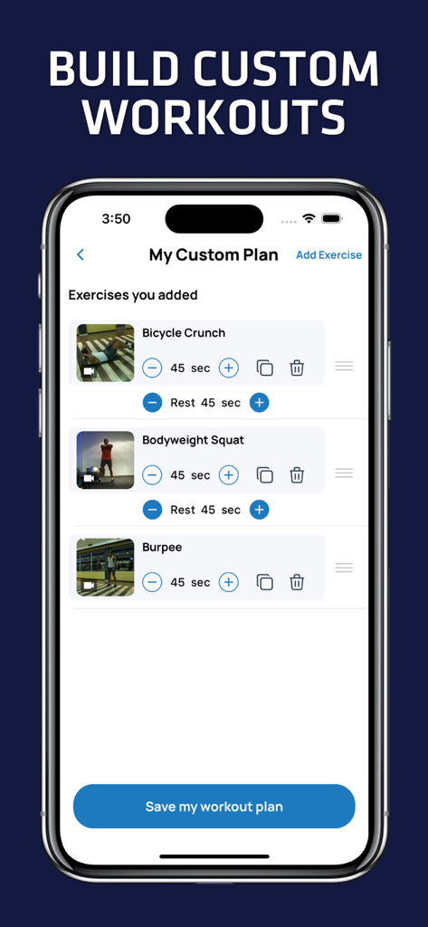 Home Workout No Equipment. - Una interfaz de aplicación móvil para crear rutinas de ejercicios en casa personalizadas con ejercicios como abdominales en bicicleta y sentadillas.