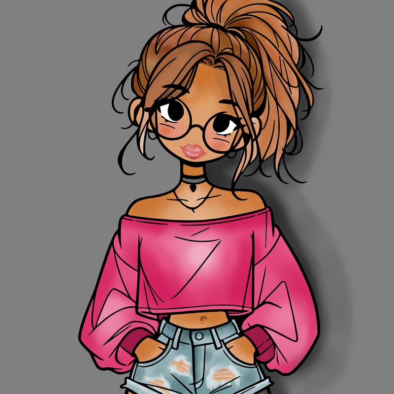 girl with a messy ponytail glasses a baggy crop top and jean shorts