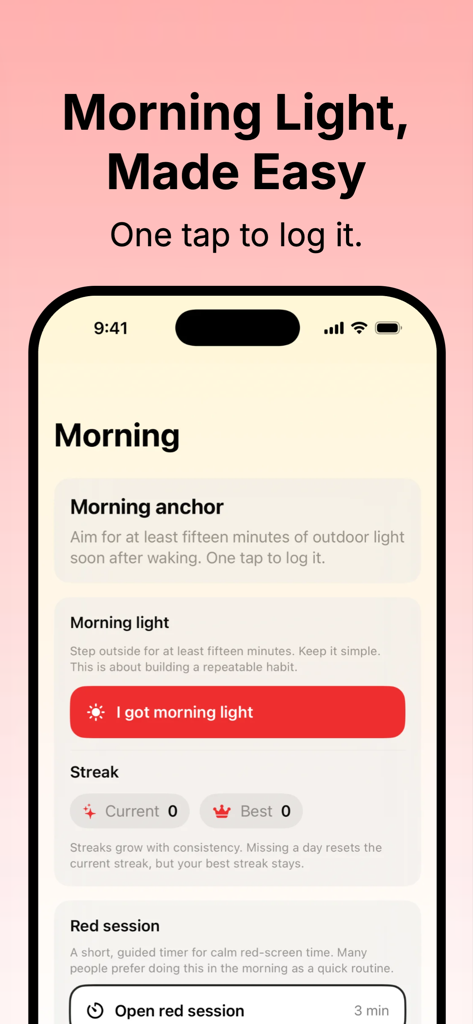 Red Mode: Red Screen Night - Red Mode app morning routine screen for logging light and tracking streaks
