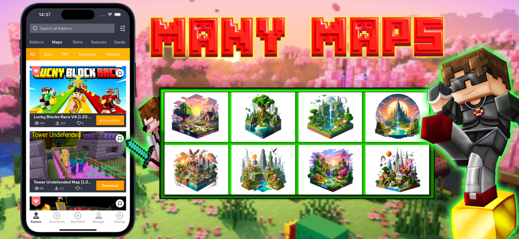 Screenshot der Minecraft PE Addons Mods App mit einer Sammlung von benutzerdefinierten Spielkarten