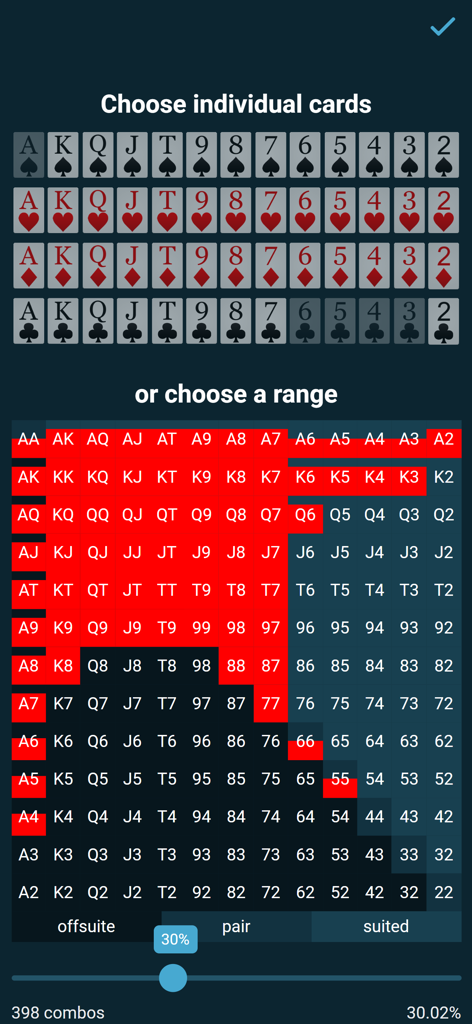 Una interfaz de selector de rangos de póker que muestra una cuadrícula de combinaciones de manos y opciones de cartas individuales para el análisis de la estrategia.