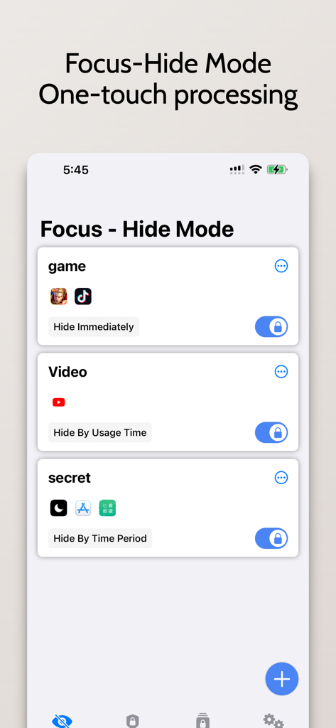 XLocker app interface displaying Focus-Hide Mode with customizable groups for games and videos
