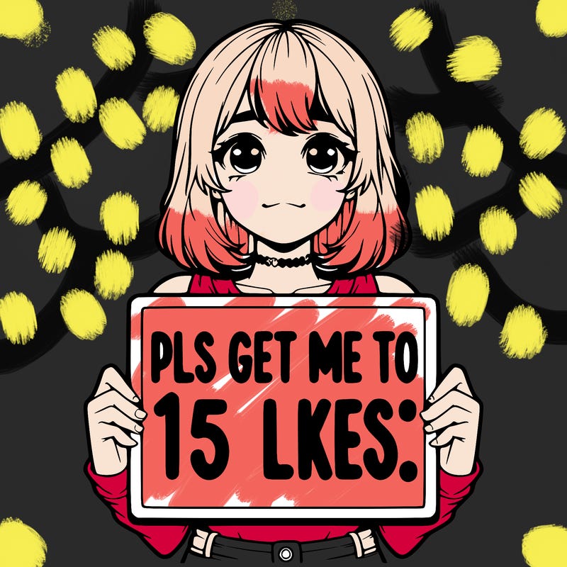 realistic girl holding up a sign that says “pls get me to 15 likes!”