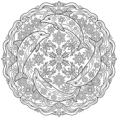 Experience the serene beauty of winter with this unique dolphin mandala. This intricate design combines playful marine life with delicate snowflakes, offering a delightful and calming coloring escape.
