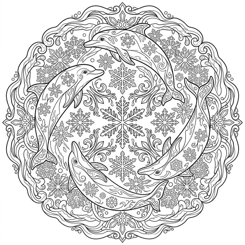 Experience the serene beauty of winter with this unique dolphin mandala. This intricate design combines playful marine life with delicate snowflakes, offering a delightful and calming coloring escape.