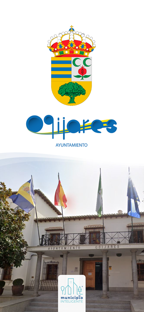 Ogijares app splash screen showing the municipal coat of arms and the Town Hall building