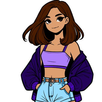 a realistic girl with a crop top and short shorts in an open jacket