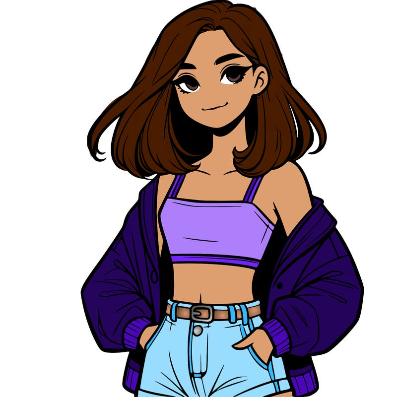 a realistic girl with a crop top and short shorts in an open jacket