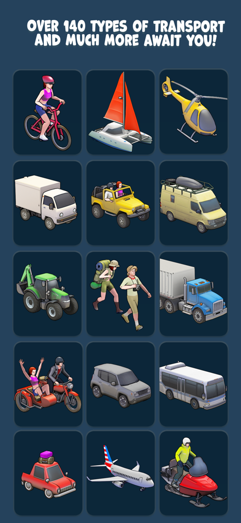 TravelBoast: My Journey Routes - Uma grade de vários ícones de transporte, como aviões, carros e barcos, do aplicativo TravelBoast