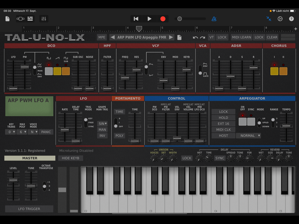 TAL-U-NO-LX synthesizer interface showing analog-style controls and virtual keyboard.