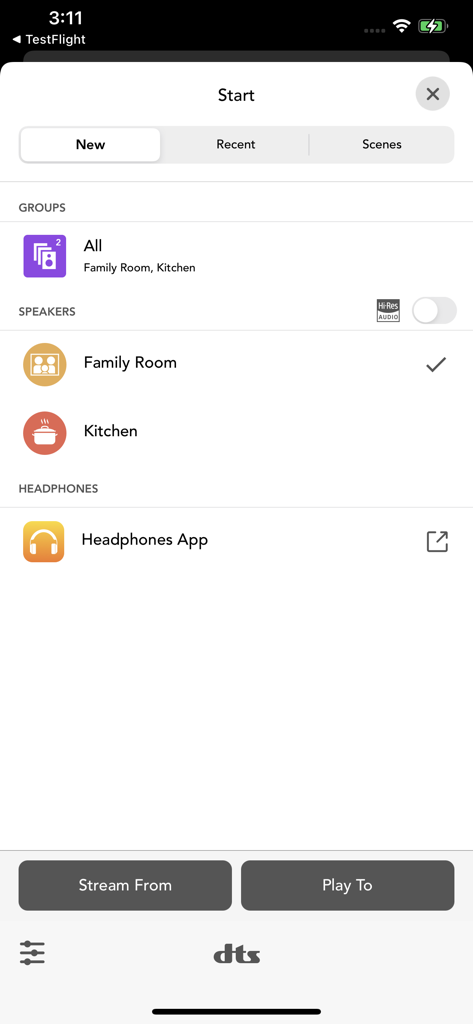 Interface de l'application DTS Play-Fi pour la gestion des enceintes et des groupes audio multi-pièces