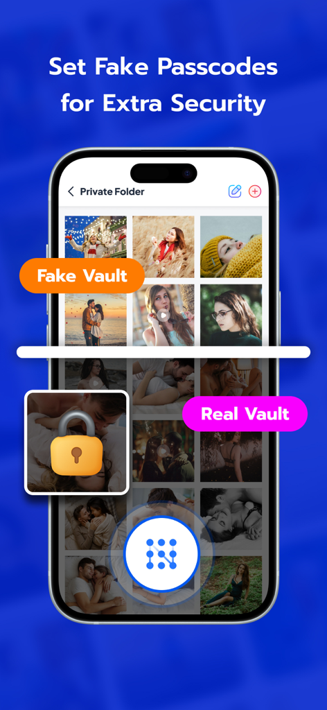 Pantalla de smartphone mostrando la función de seguridad de código de acceso falso para carpetas privadas.